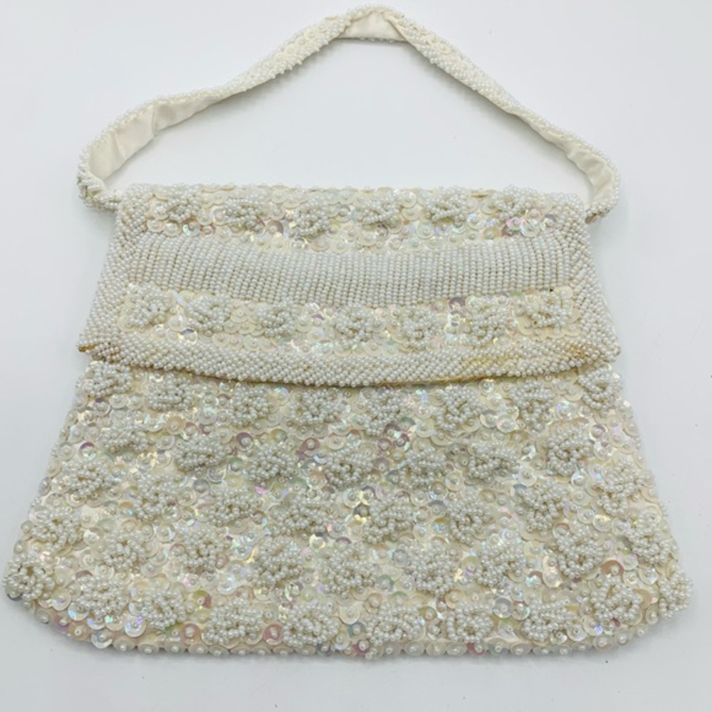 Vintage 1960s Hong Kong Beaded Ivory Sequin Pearl Evening Bag Purse